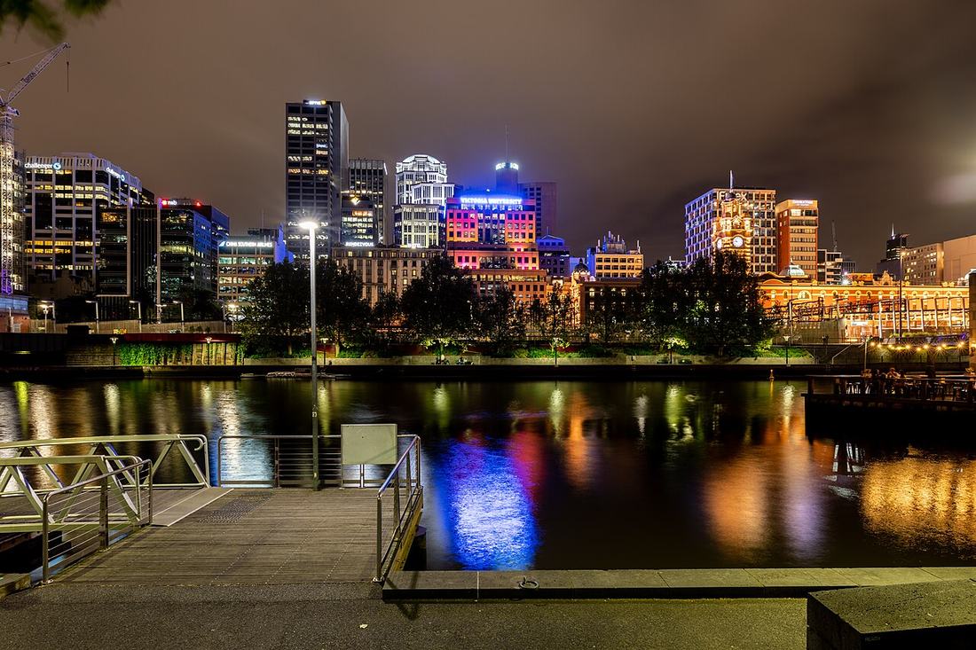 Melbourne city centre at night beside the river