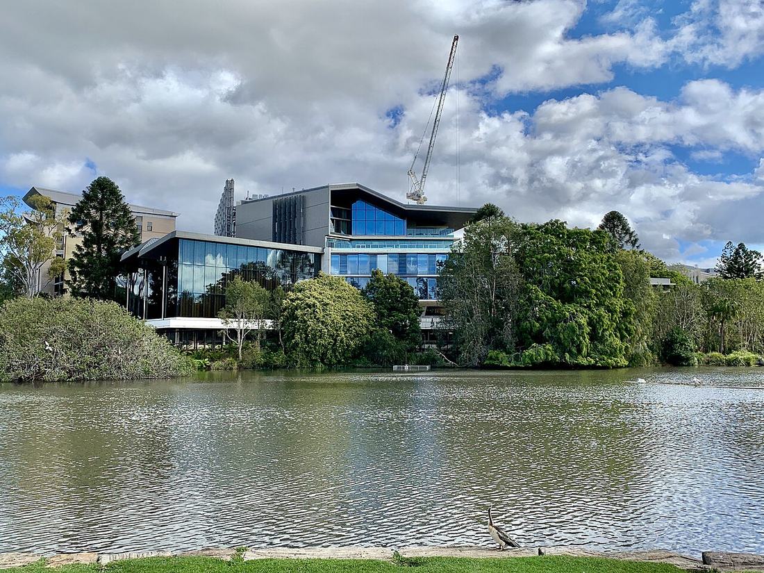 A university building beside a lake at St Lucia, Brisbane